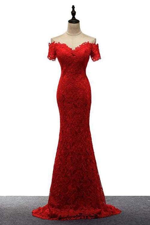 Amazing Latest Fascinating Red Off The Shoulder Mermaid Lace Prom Sweep Train Long Evening Dresses
