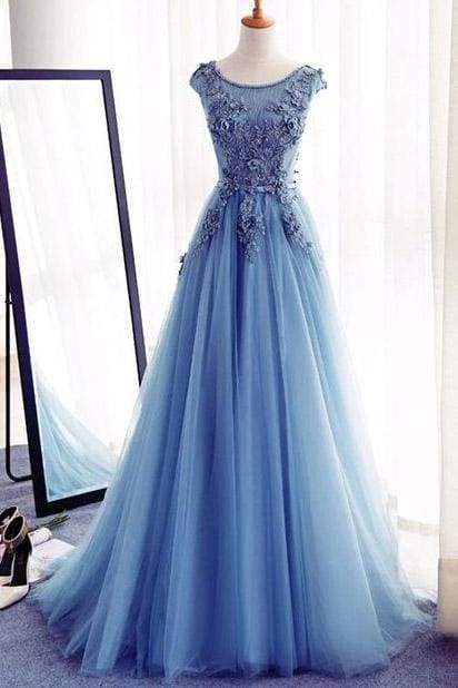Appliques A-line Sleeveless Ice Blue Tulle Prom Long Evening Dresses