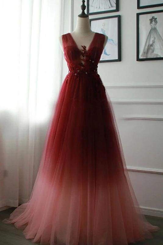 A Line V Neck Tulle Ombre Prom Dress Appliqued Party Dresses