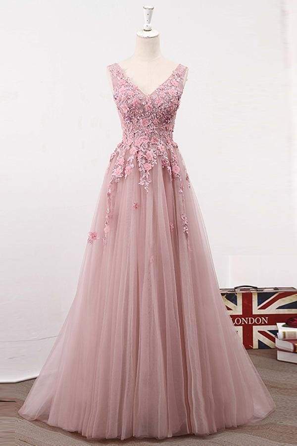 A Line V Neck Sleeveless Tulle Long With Flowers Party Prom Dress