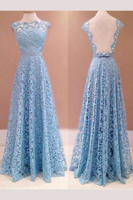 A-line Blue Sleeveless Lace Floor-length Prom Sexy Evening Dresses