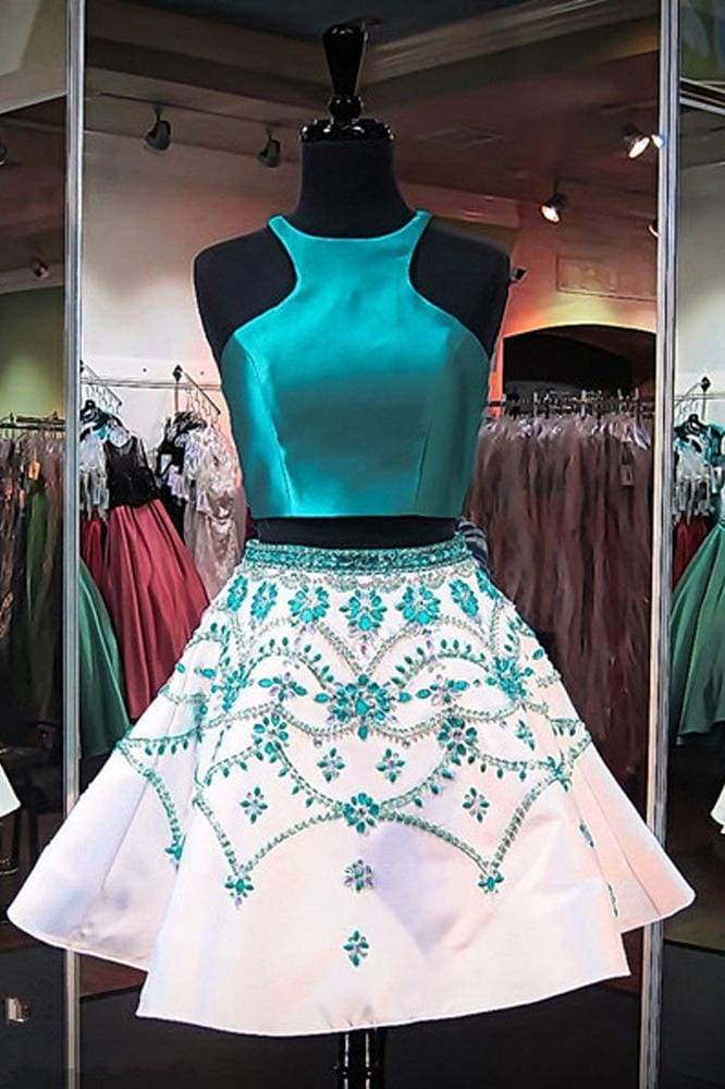 A Line Two Piece Turquoise Homecoming With Beading Formal Short Prom Dresses