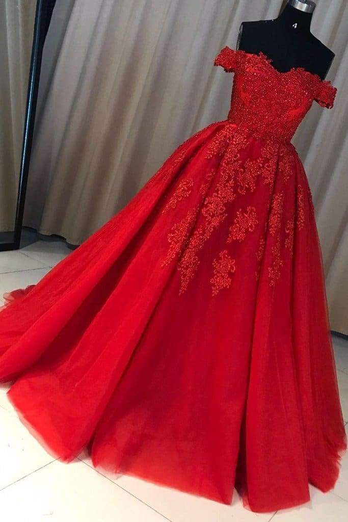 A-line Red Off The Shoulder Prom Dress With Lace Appliques Long Tulle Evening Gown