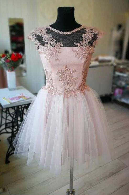A Line Short Tulle Homecoming With Lace Appliuques Cute Graduation Dress
