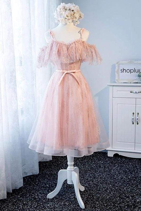 A Line Pink Tulle Lace Homecoming Dress Cute Short Prom Gown With Pearls