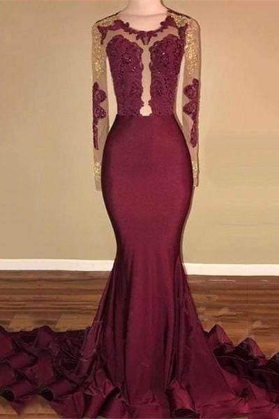Bridelily Amazing Burgundy Gold Prom Dresses | Sexy Open Back Mermaid Evening Gowns