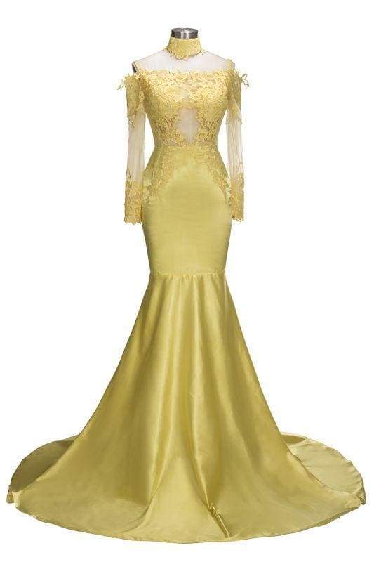Bridelily Mermaid Off-shoulder Floor Length Long Sleeves Appliqued Prom Dresses
