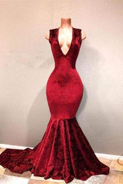 Bridelily Sexy Burgundy Mermaid Prom Dresses | V Neck Long Print Evening Gowns