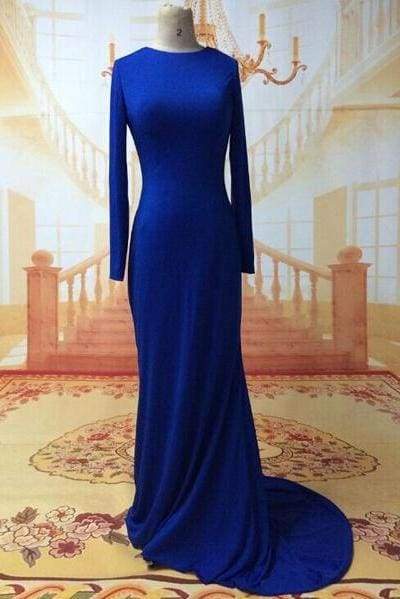 Bridelily Sexy Prom Dresses Long Sleeve Jewel Elegant Sweep Train Cross Back Blue Satin Evening Gowns