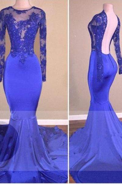 Bridelily Royal Blue Long Sleeves Open Back Mermaid Shiny Sheer Prom Dresses