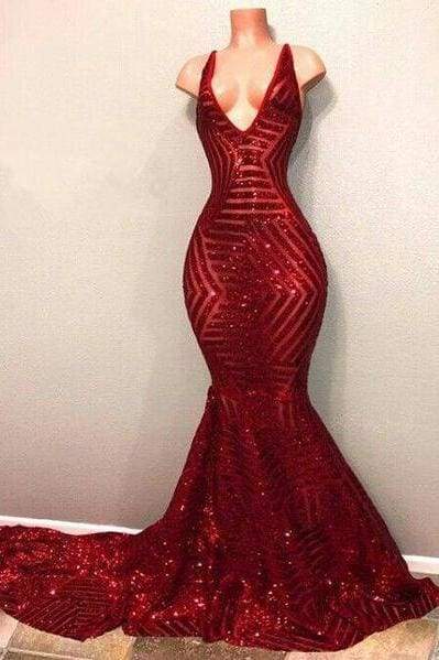 Bridelily Red Sequins Shiny V Neck Mermaid Long Prom Dresses