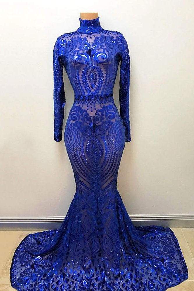 High Neck Long Sleeve Sequin Royal Blue Mermaid Prom Dress