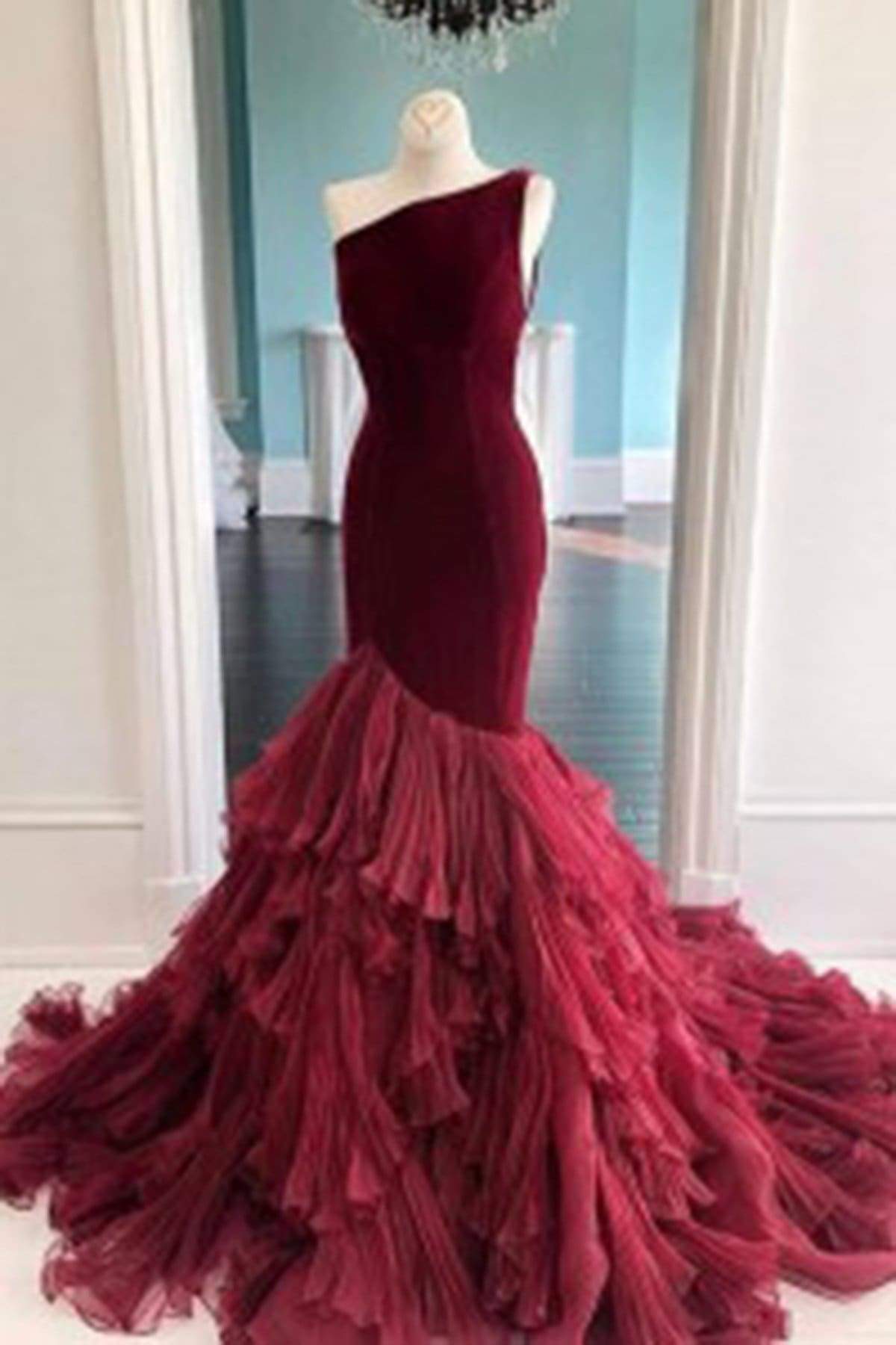 Burgundy Tulle Velvet Long Mermaid Dress Formal Prom Dress
