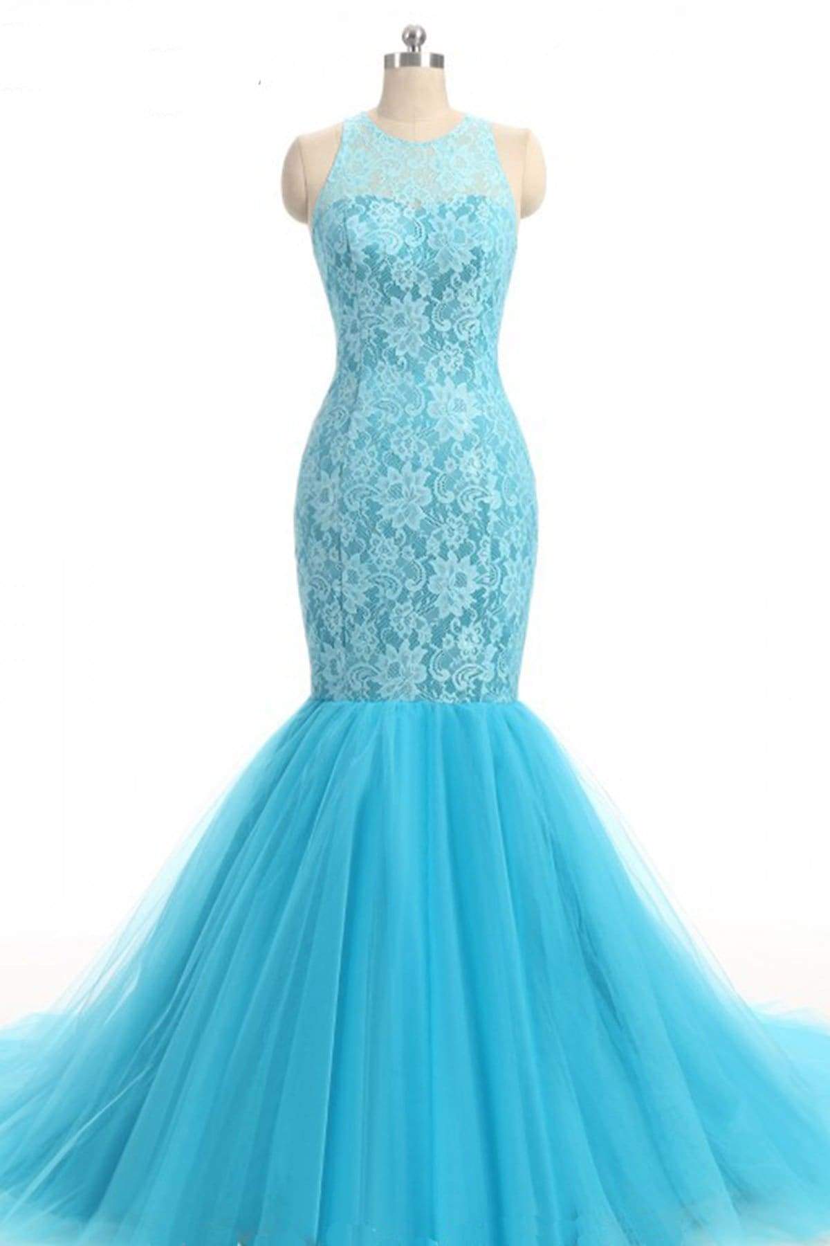 Baby Blue Lace O Neck Long Mermaid Prom Dress