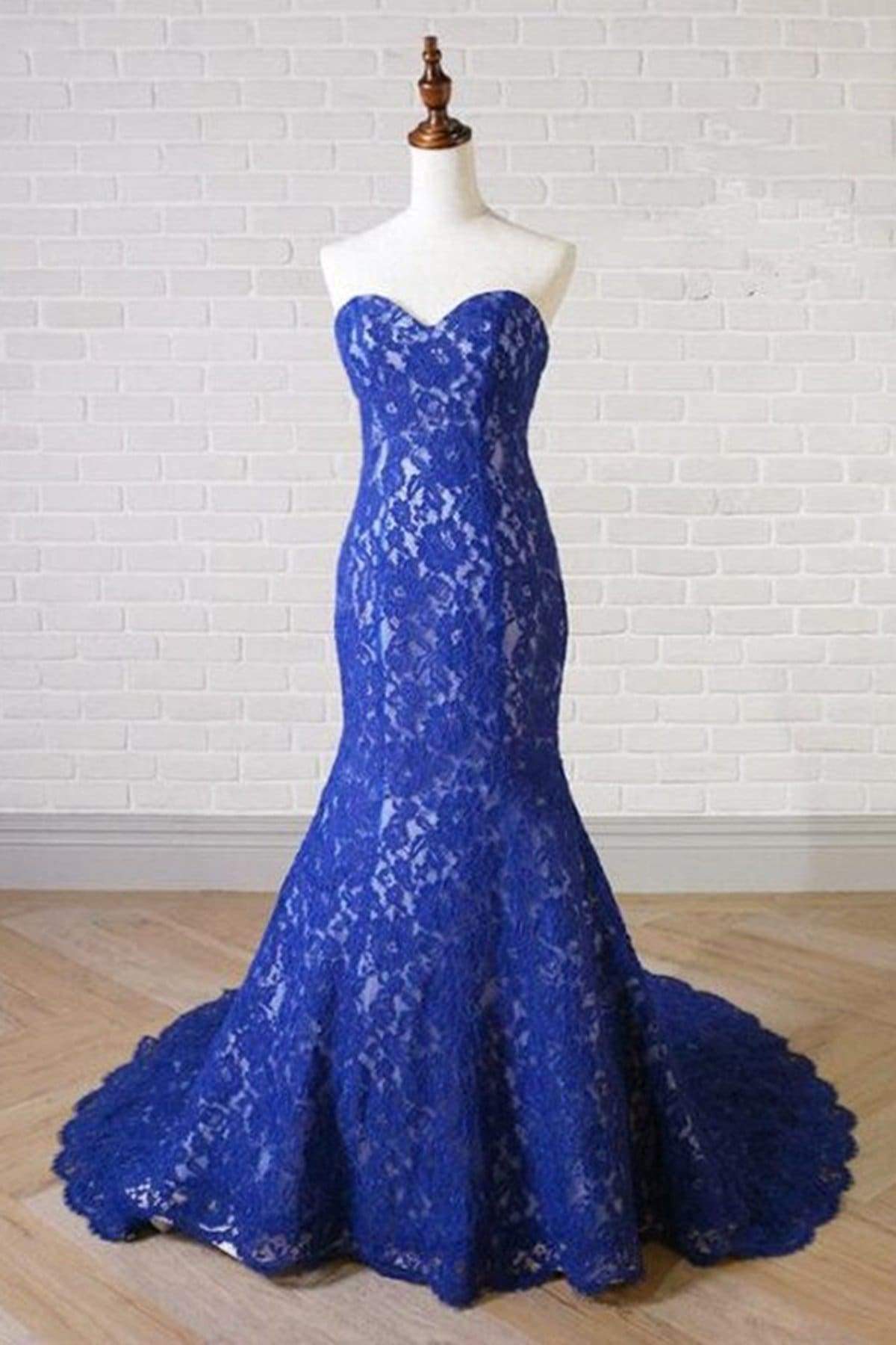 Sweetheart Neck Royal Blue Lace Long Mermaid Prom Dress