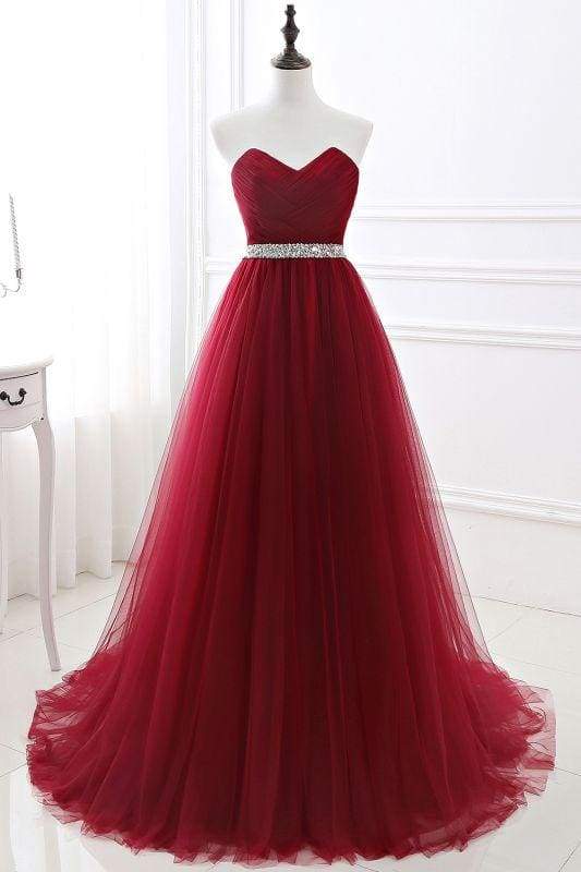 Elegant Lace-up Strapless Sweetheart Tulle Red Prom Dress
