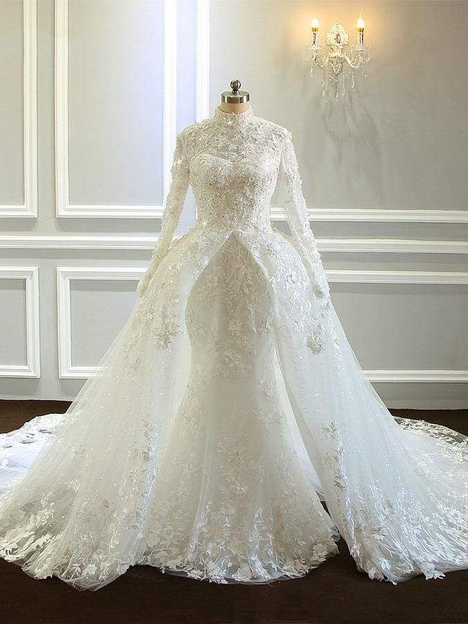 Amazing Long Sleeves High Collar Wedding Dresses with Train