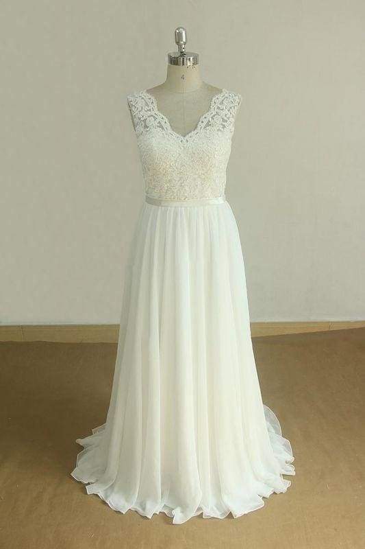 Bridelily Affordable V-neck Lace Chiffon Wedding Dress
