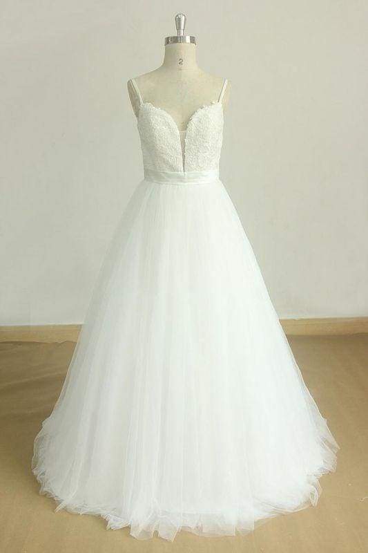 Bridelily Spaghetti Strap Lace Tulle A-line Wedding Dress