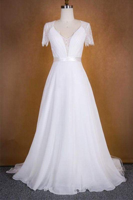 Bridelily Ruffle Short Sleeve Lace Chiffon Wedding Dress