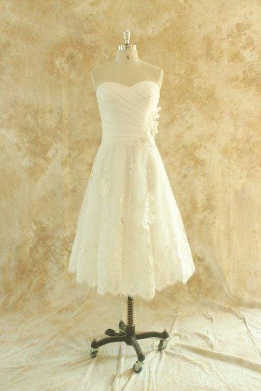 Bridelily Strapless Lace Chiffon A-line Mini Wedding Dress