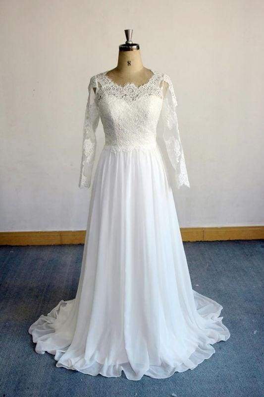 Bridelily Open Back Long Sleeve Lace Chiffon Wedding Dress