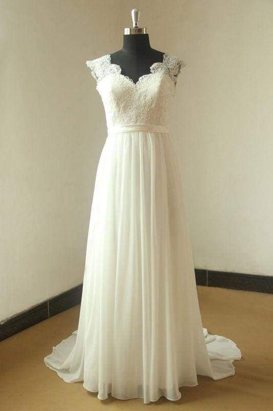 Bridelily V-neck Lace Chiffon Floor Length Wedding Dress