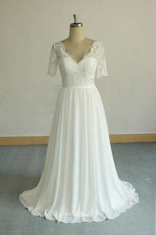 Bridelily Short Sleeve V-neck Lace Chiffon Wedding Dress