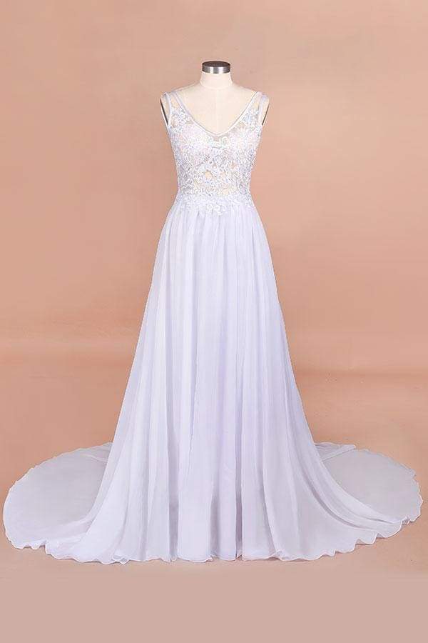 Open Back V-neck Lace Chiffon Wedding Dress
