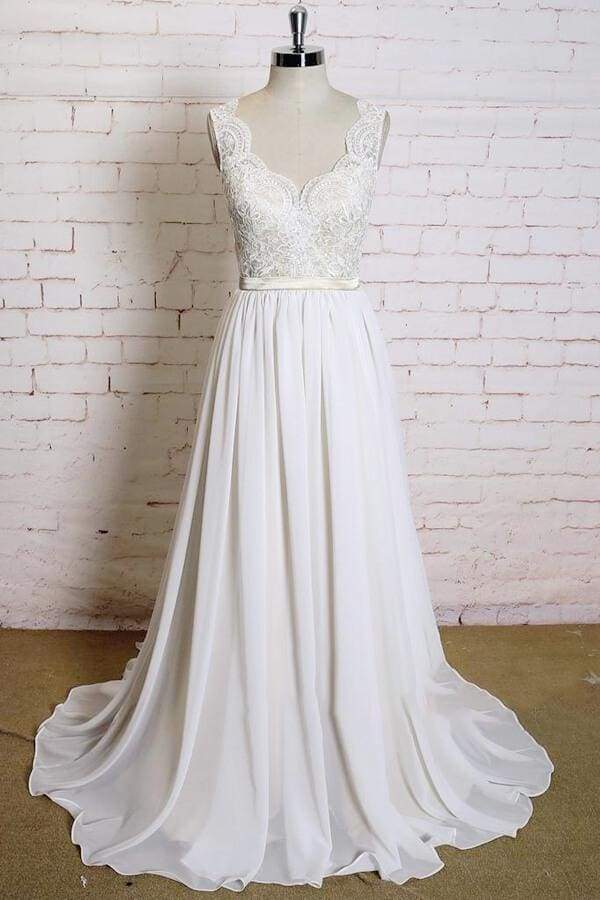 Latest V-neck Lace Chiffon A-line Wedding Dress