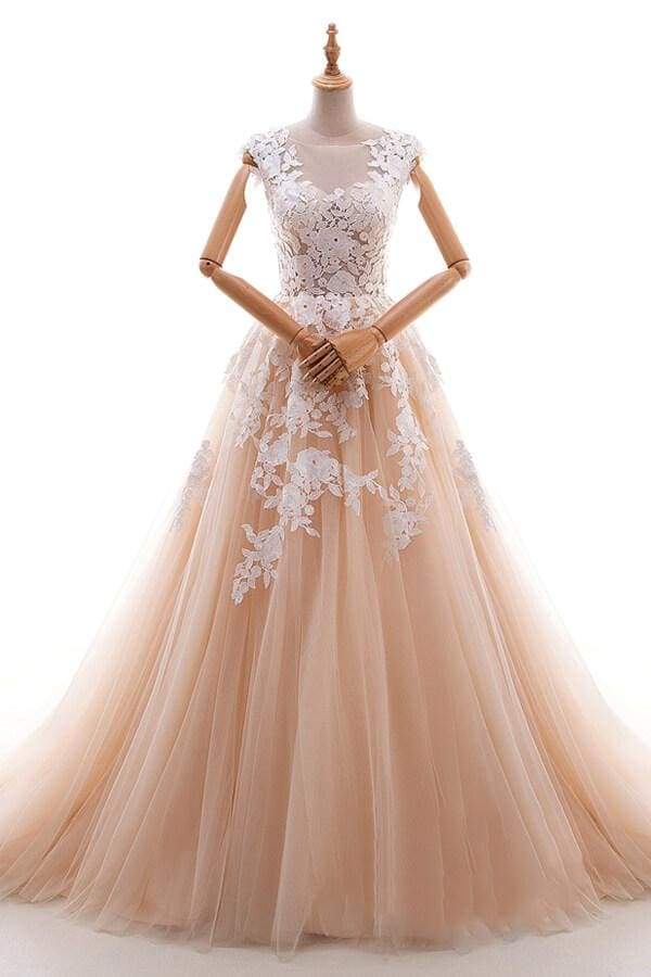 Applique Tulle Cathedral Train A-line Wedding Dress