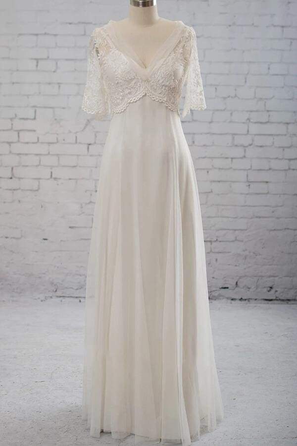 Empire Waist V-neck Tulle A-line Wedding Dress