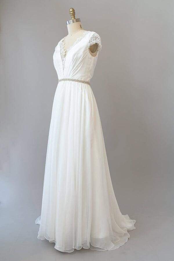 Cap Sleeve V-neck Lace Chiffon Sheath Wedding Dress