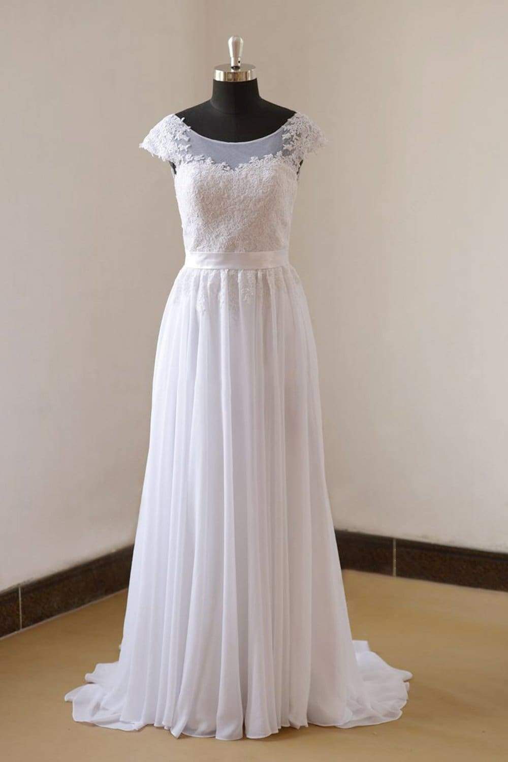 Cap Sleeve Lace Chiffon A-line Wedding Dress