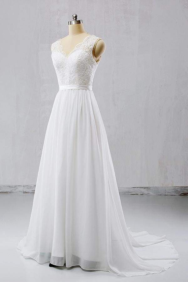 V-neck Lace Chiffon Flowy A-line Wedding Dress