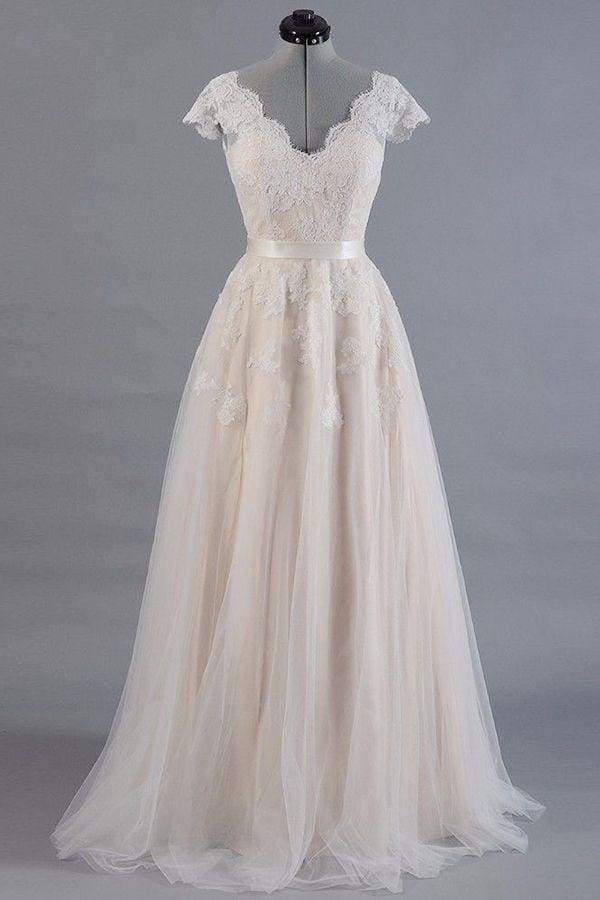 Cute Cap Sleeve V-neck Lace Tulle Wedding Dress