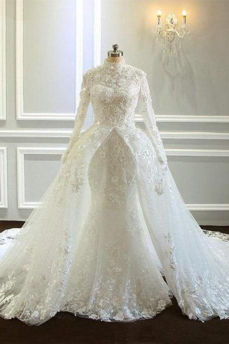 Amazing Long Sleeves High Collar Wedding Dresses with Train