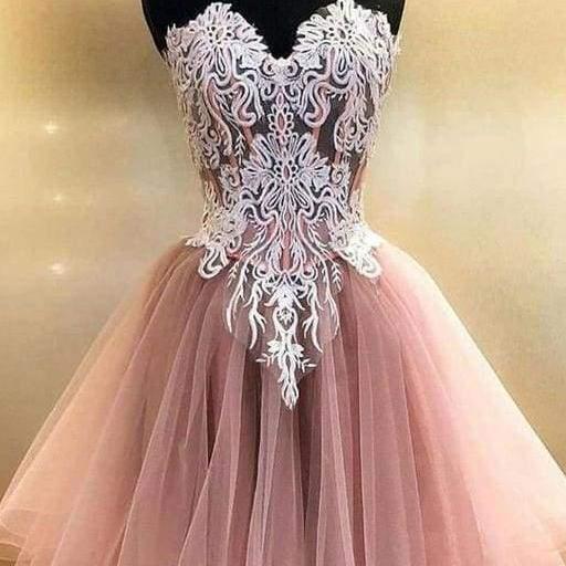 A Line Sweetheart Tulle Homecoming With Lace Appliques Cute Short Prom ...